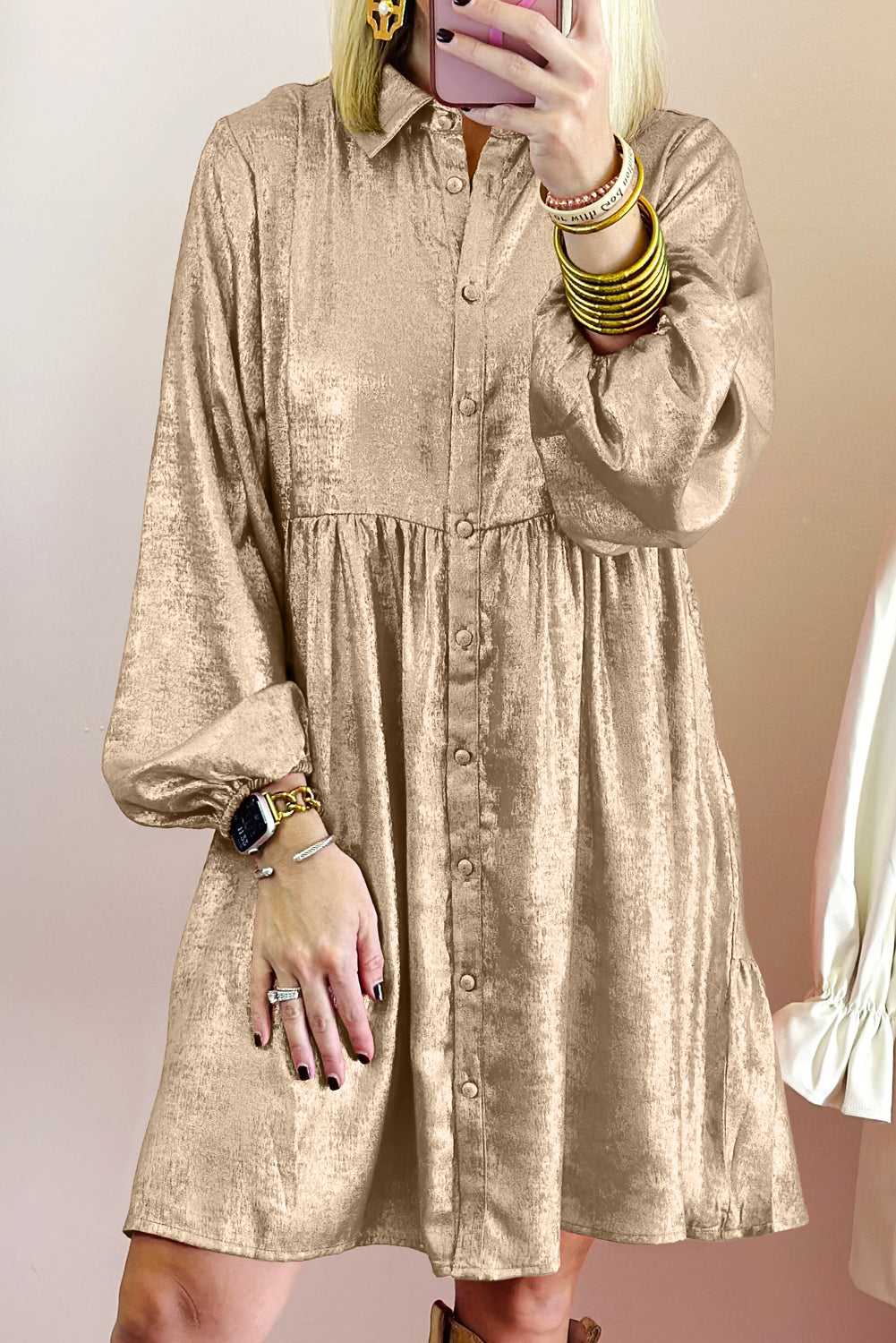 Apricot Metallic Sheen Puff Sleeve Button Up Mini Shirt Dress Vogue To Vintage Boutique, LLC Apricot Metallic Sheen Puff Sleeve Button Up Mini Shirt Dress Vogue To Vintage Boutique, LLC