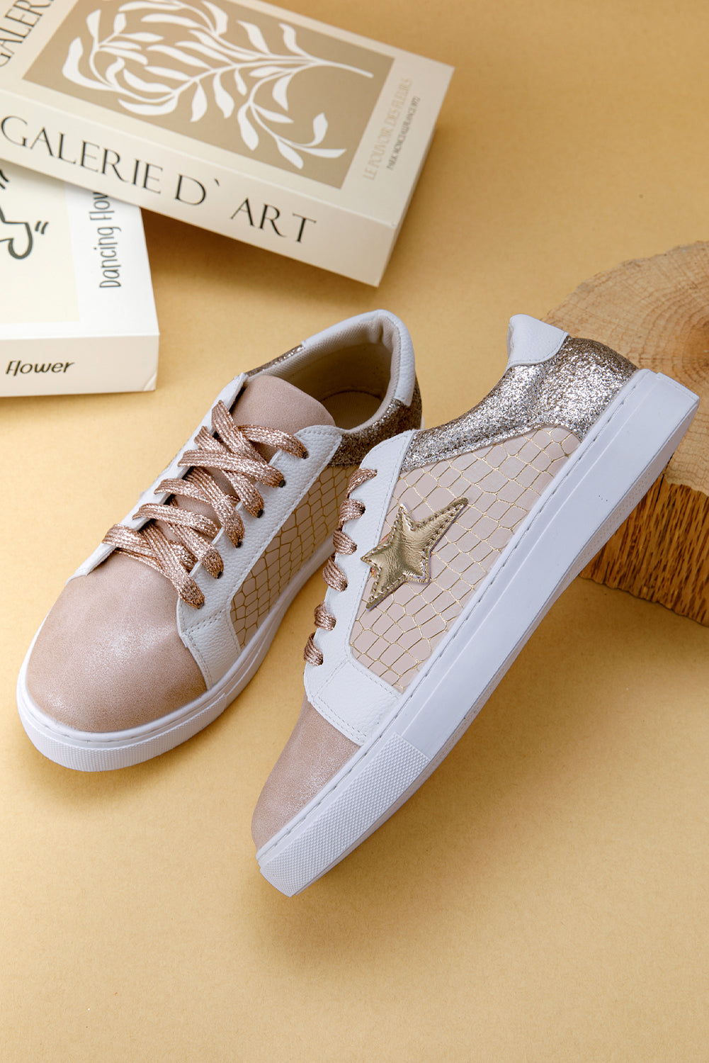 Black Glitter Star Patchwork PU Leather Lace-up Sneakers