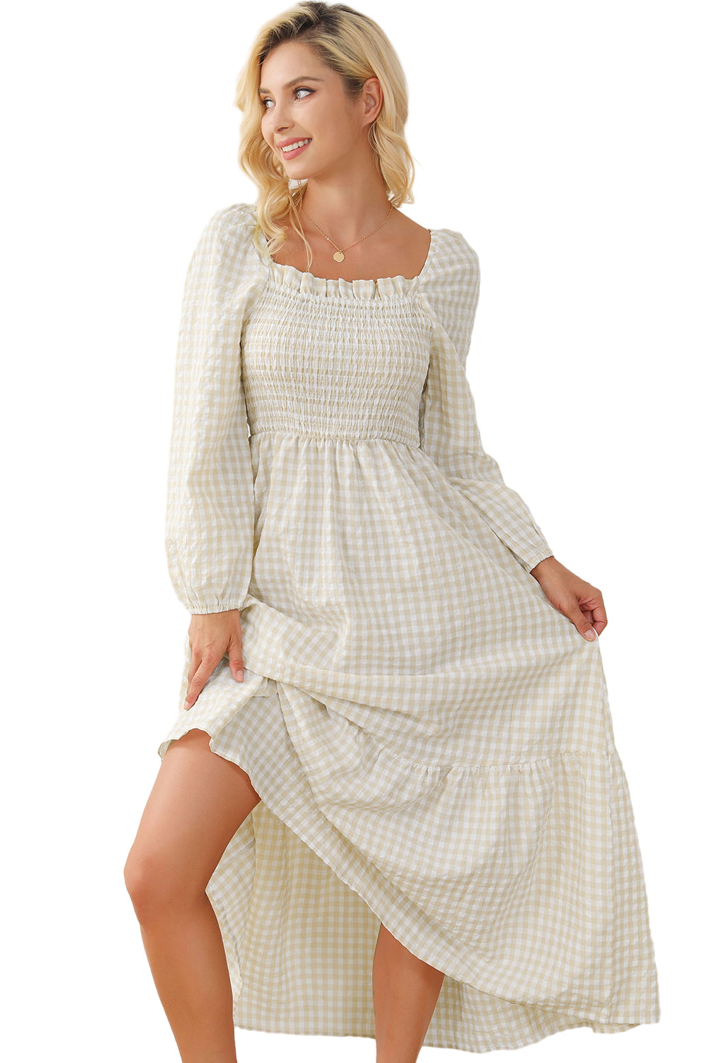 Khaki Plaid Ruffled Sleeve Smocked Maxi Dress