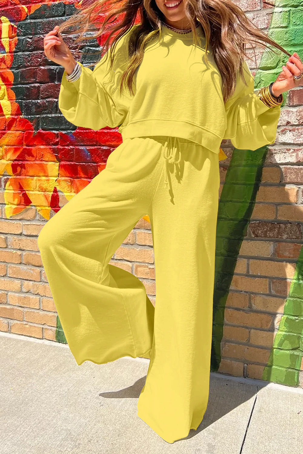 Mist Blue Drop Shoulder Crop Pullover Drawstring Wide Leg Pants Set