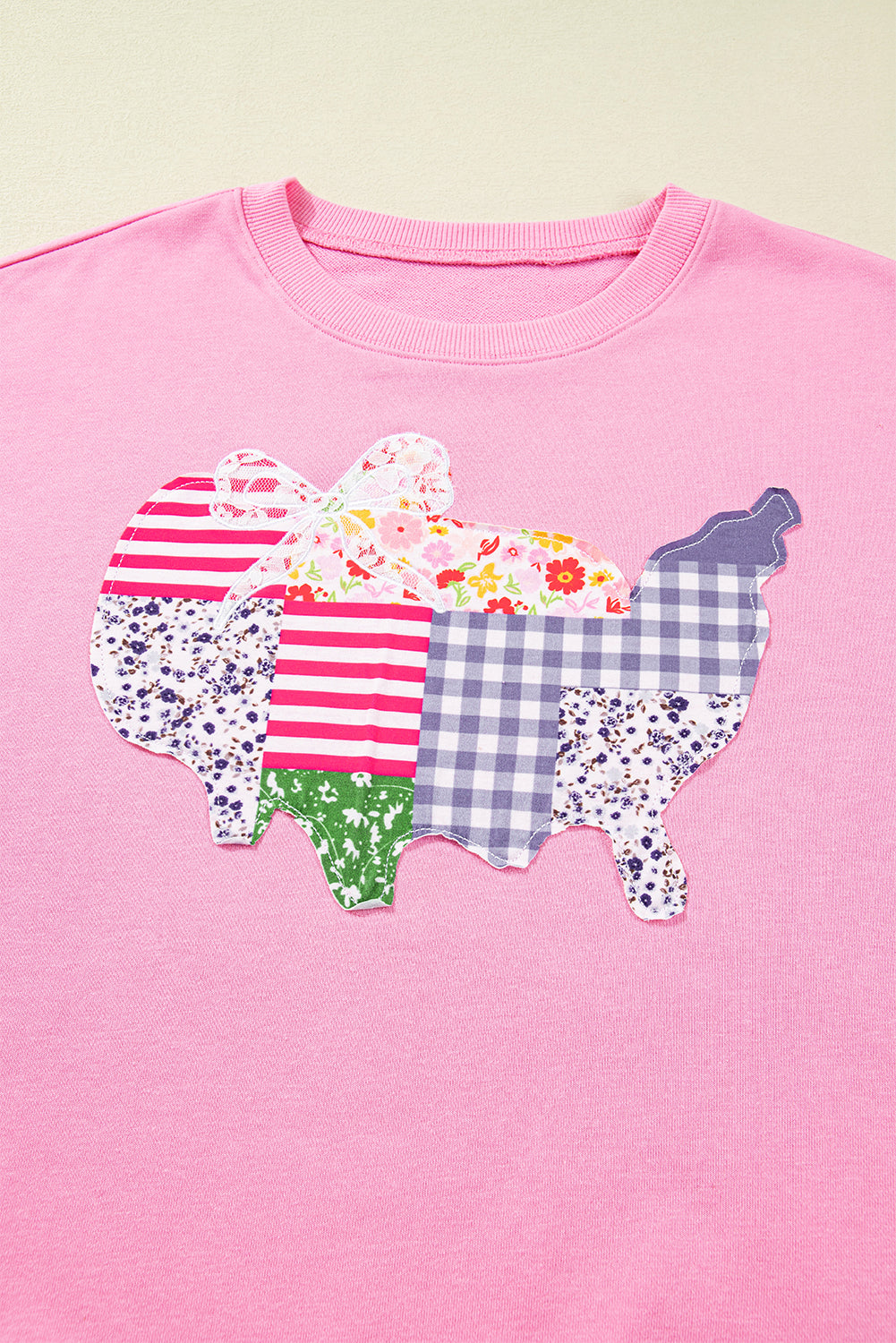 Pink Floral USA Map Patched Graphic Patriotic Sweatshirt
