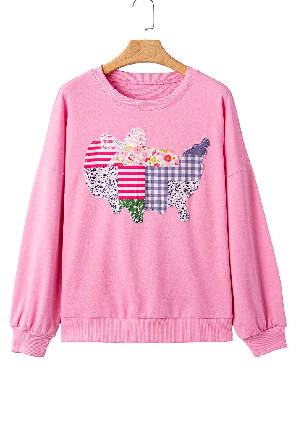 Pink Floral USA Map Patched Graphic Patriotic Sweatshirt