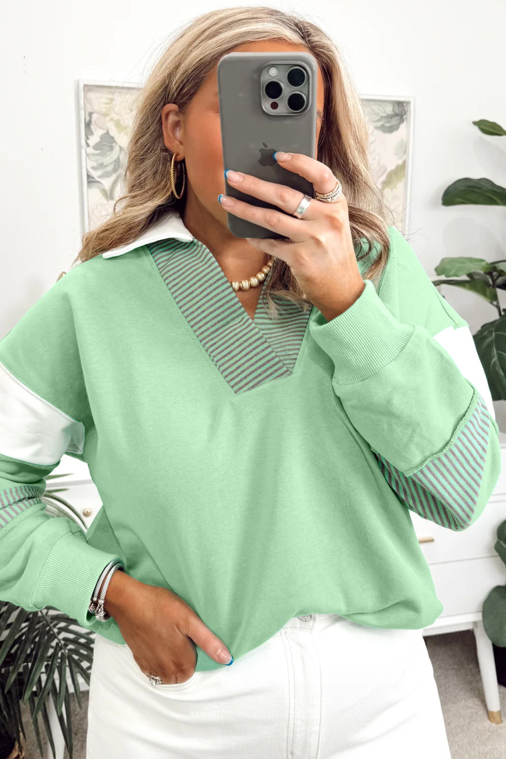 Moonlight Jade Colorblock Striped Patchwork Collar V Neck Plus Size Sweatshirt