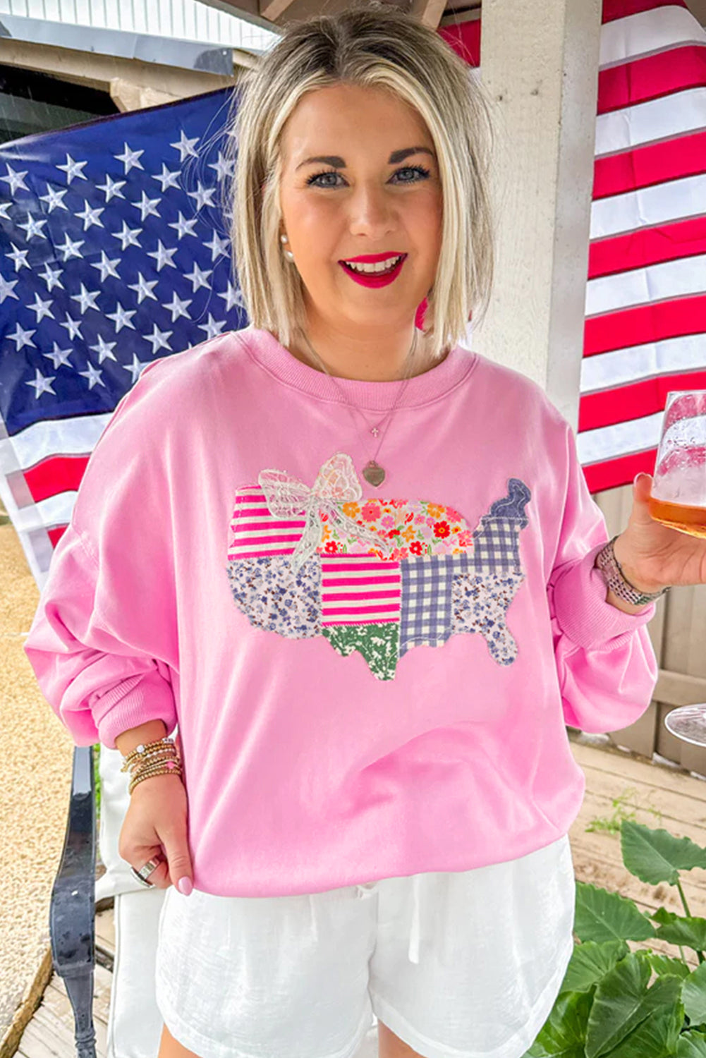Pink Floral USA Map Patched Graphic Patriotic Sweatshirt