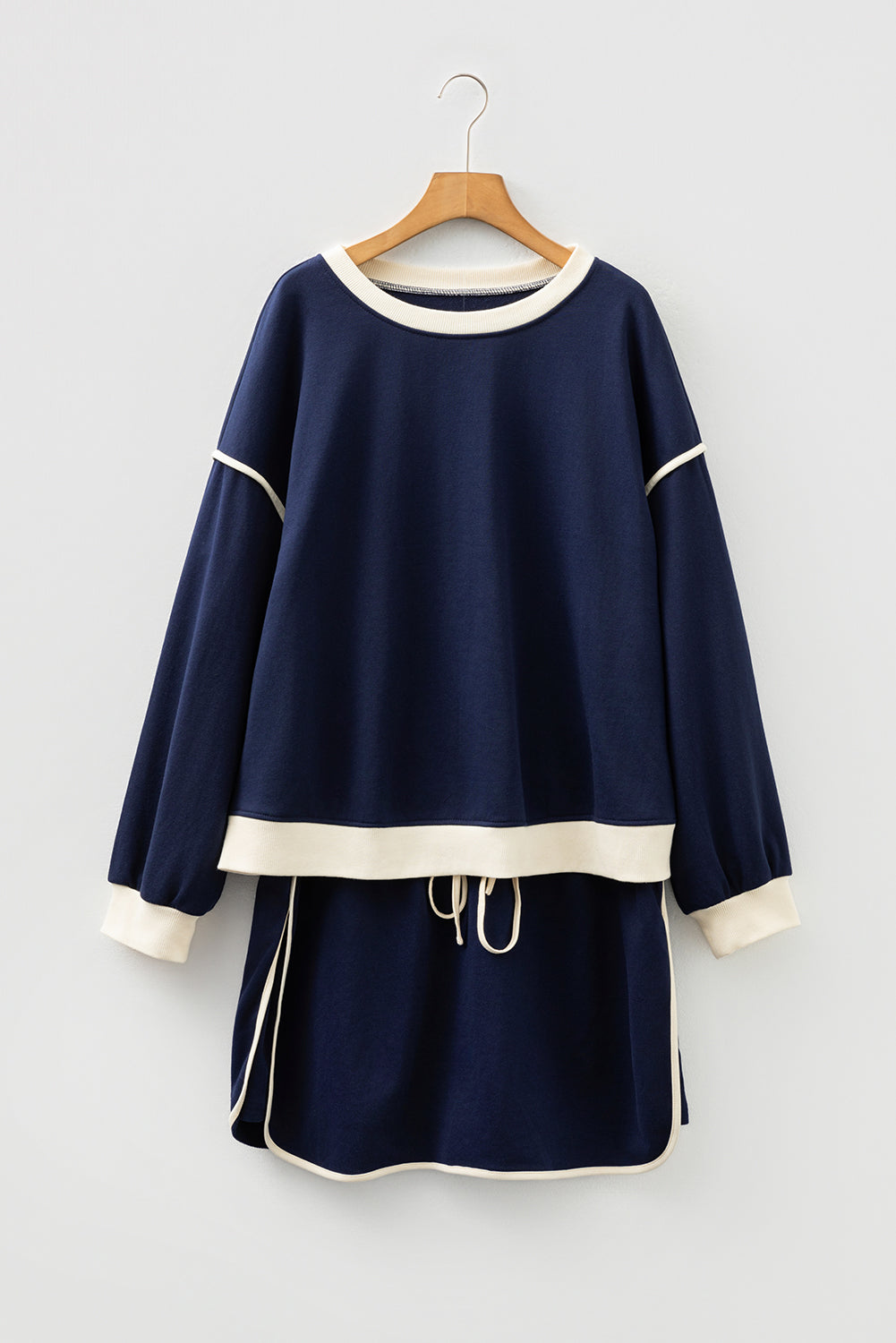 Navy Blue Plus Size Contrast Color Drop Shoulder Top and Mini Skort Outfit
