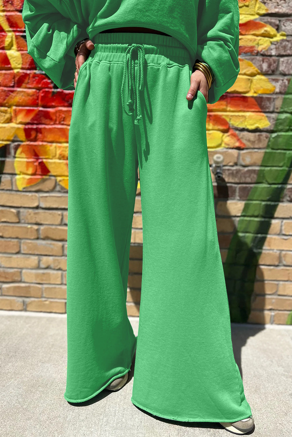 Mist Blue Drop Shoulder Crop Pullover Drawstring Wide Leg Pants Set