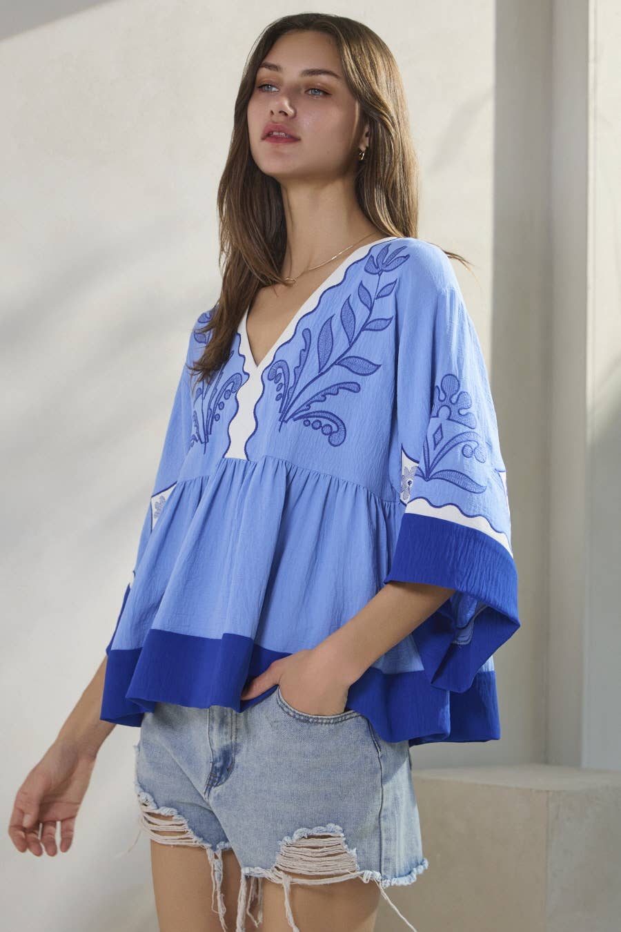 Plus Embroidered Plunge V Neck Top