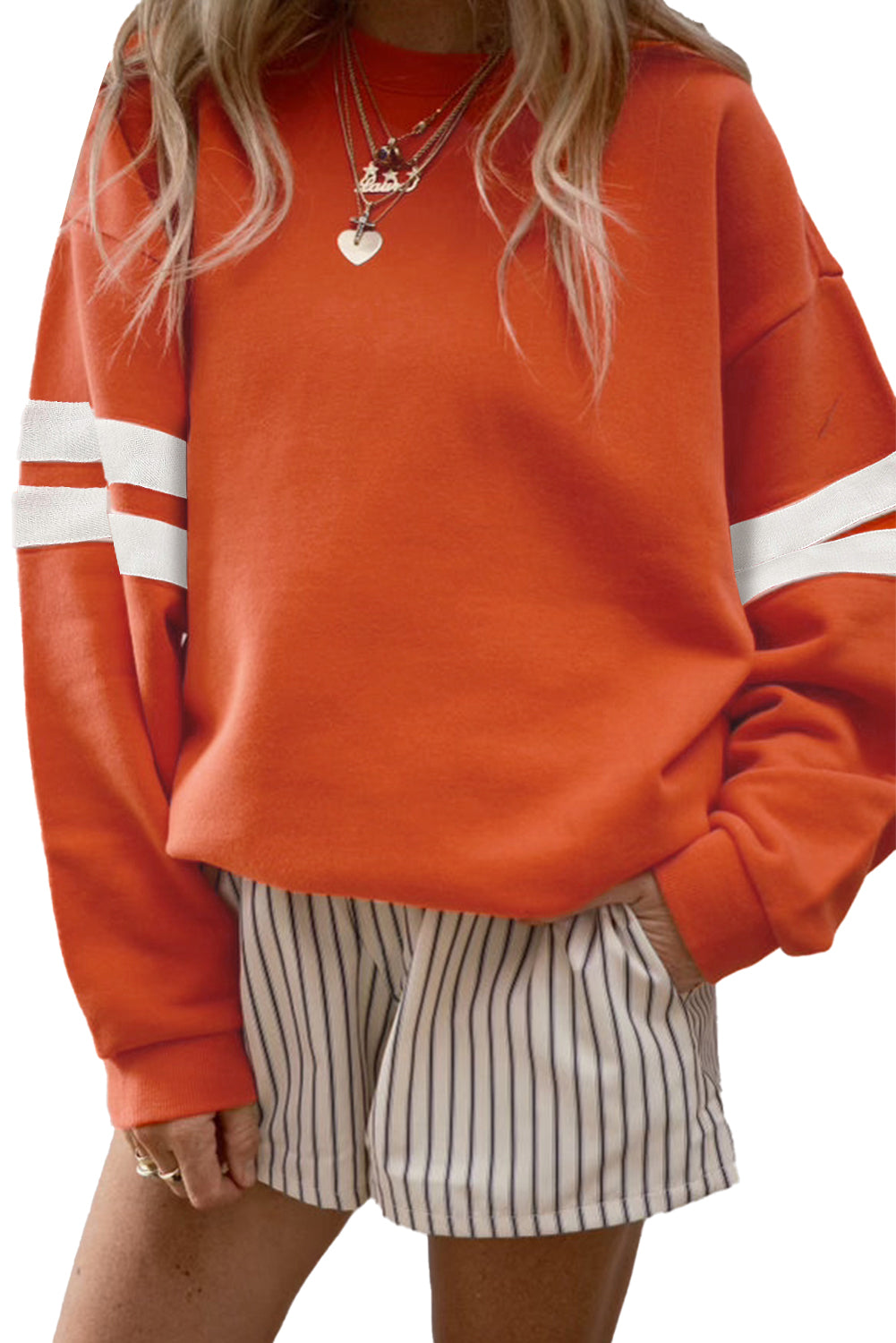 Fiery Red Preppy Striped Sleeve Loose Sweatshirt