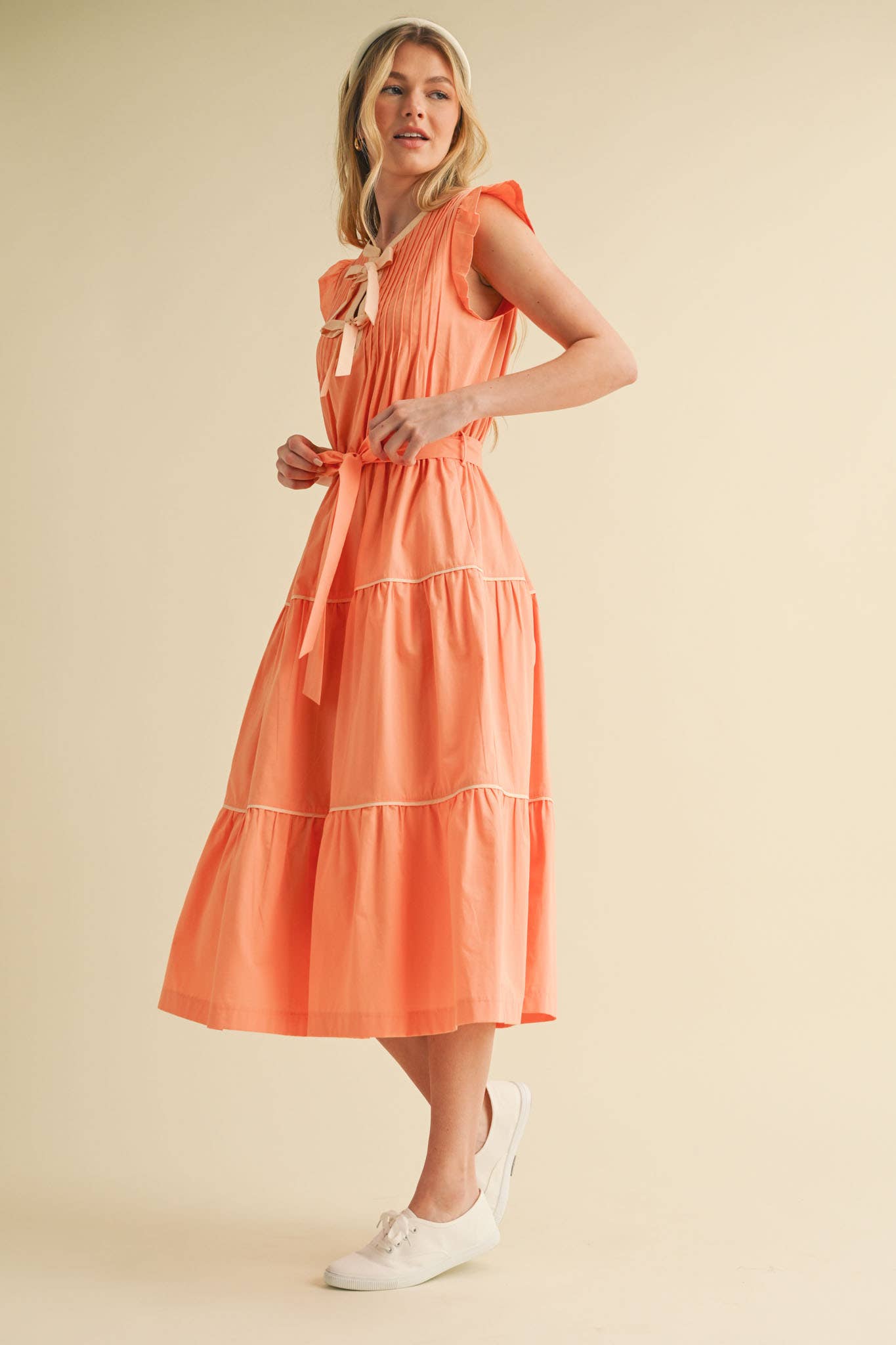 PIN TUCK AND BOW DETAIL TIERED MIDI DRESS