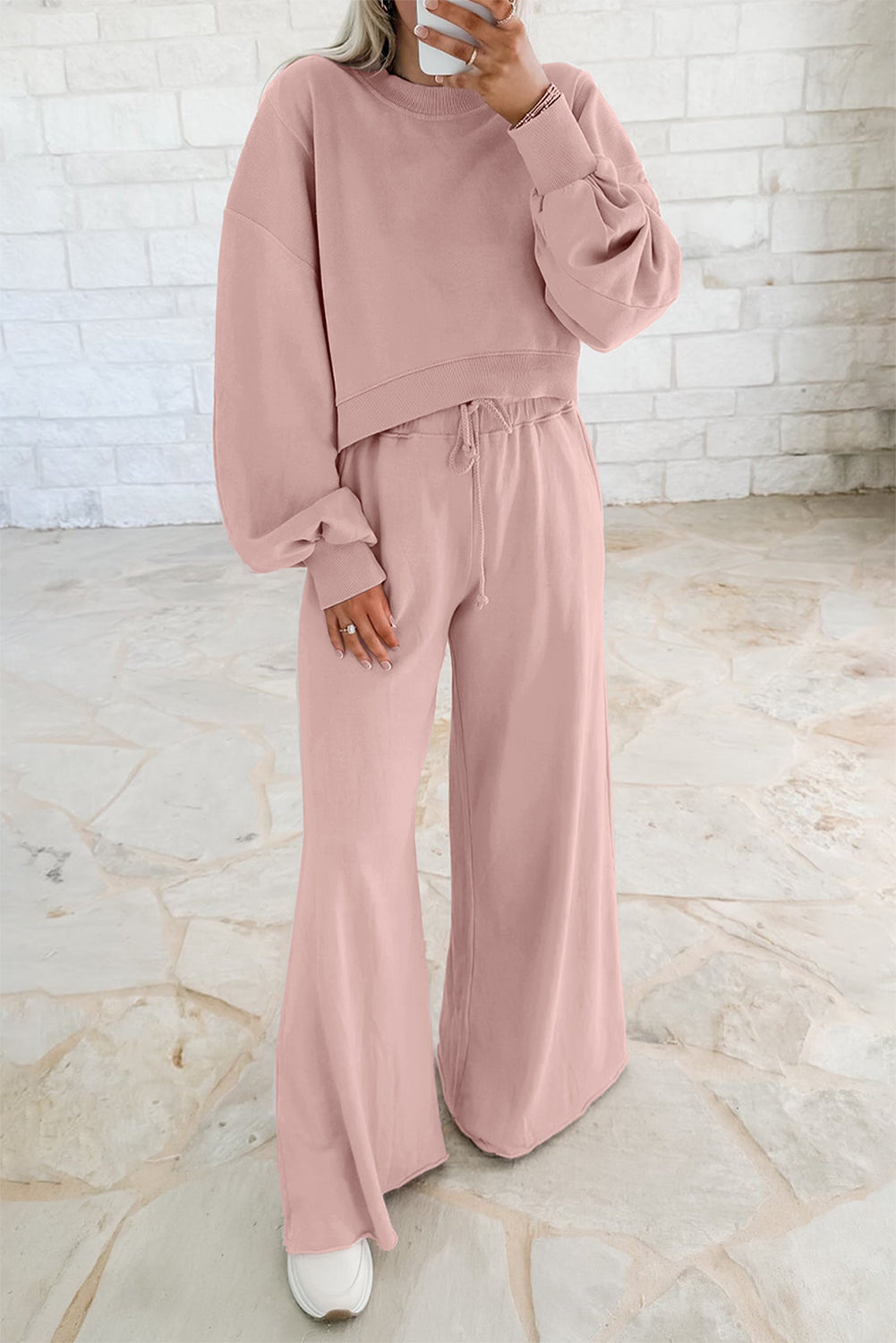 Mist Blue Drop Shoulder Crop Pullover Drawstring Wide Leg Pants Set