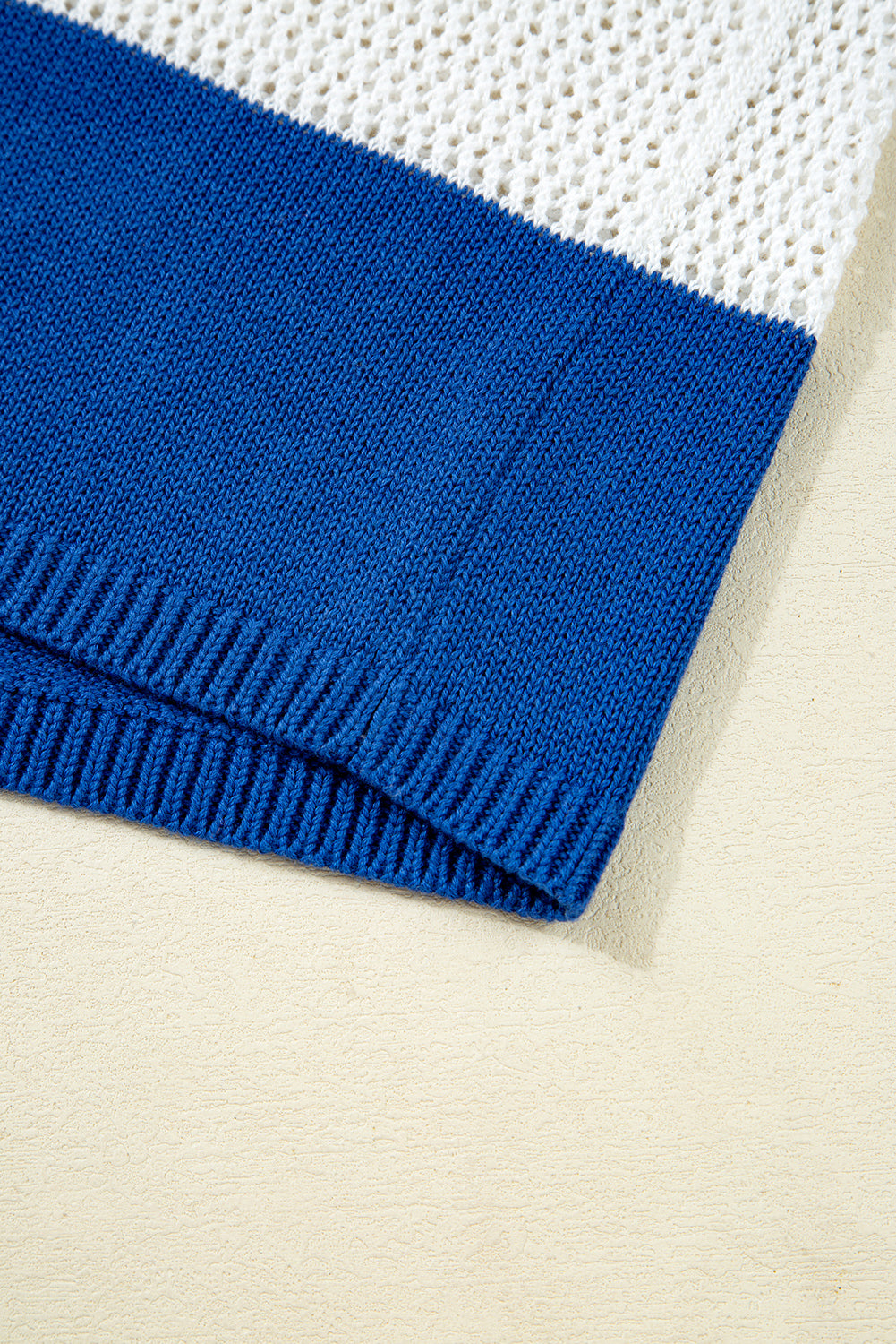 Blue Stripe Colorblock Polo Collar Eyelet Crochet Knit Sweater