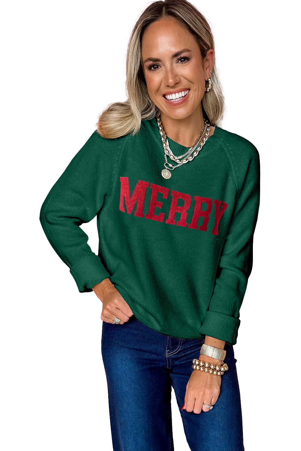 Bonbon MERRY Letter Pattern Christmas Raglan Sleeve Sweater