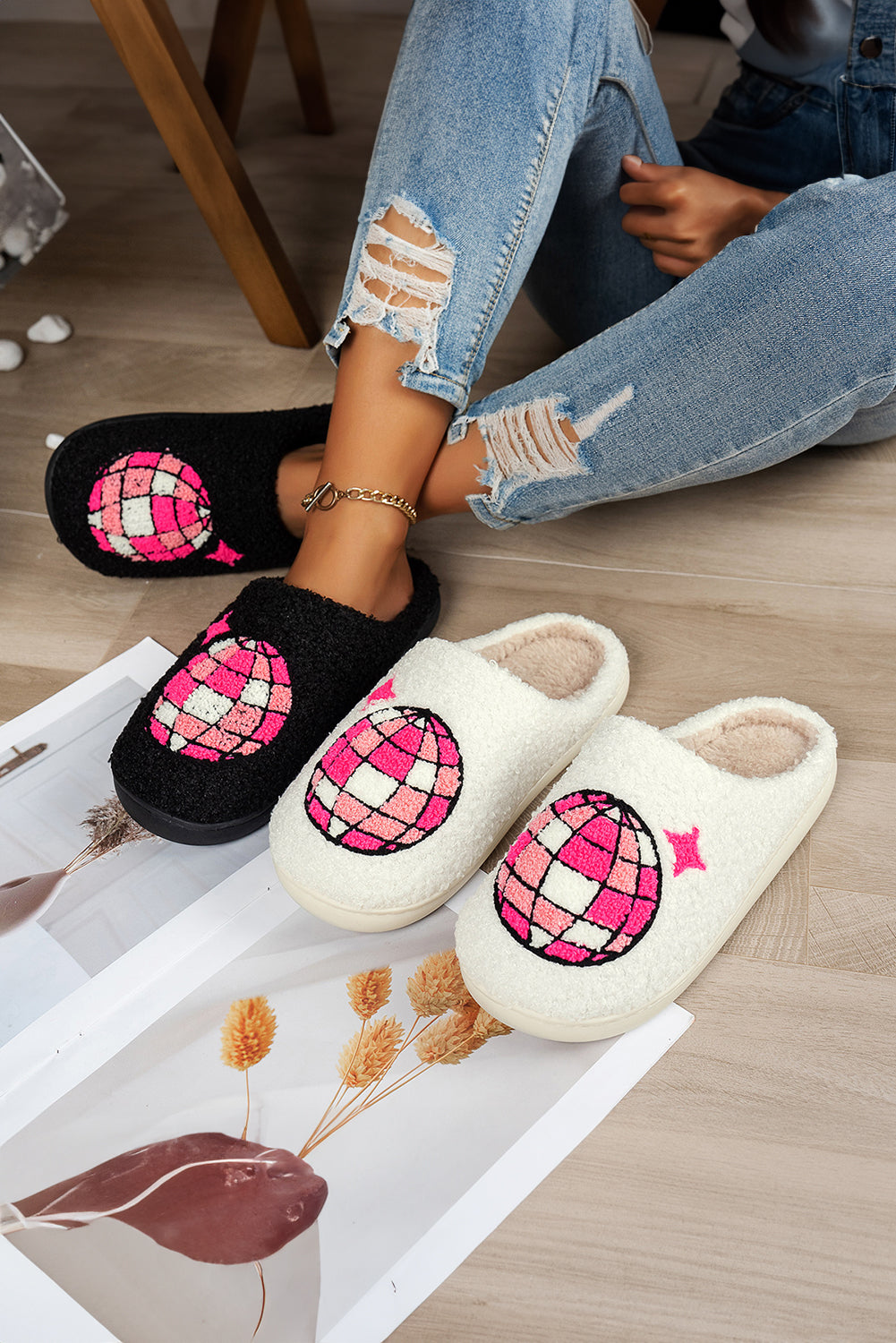 White Disco Ball Home Plush Slippers