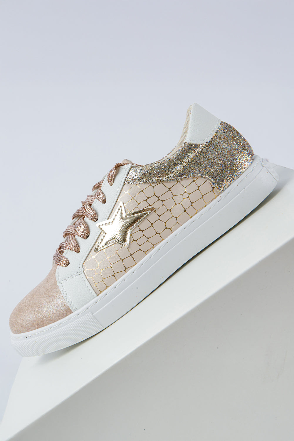 Black Glitter Star Patchwork PU Leather Lace-up Sneakers