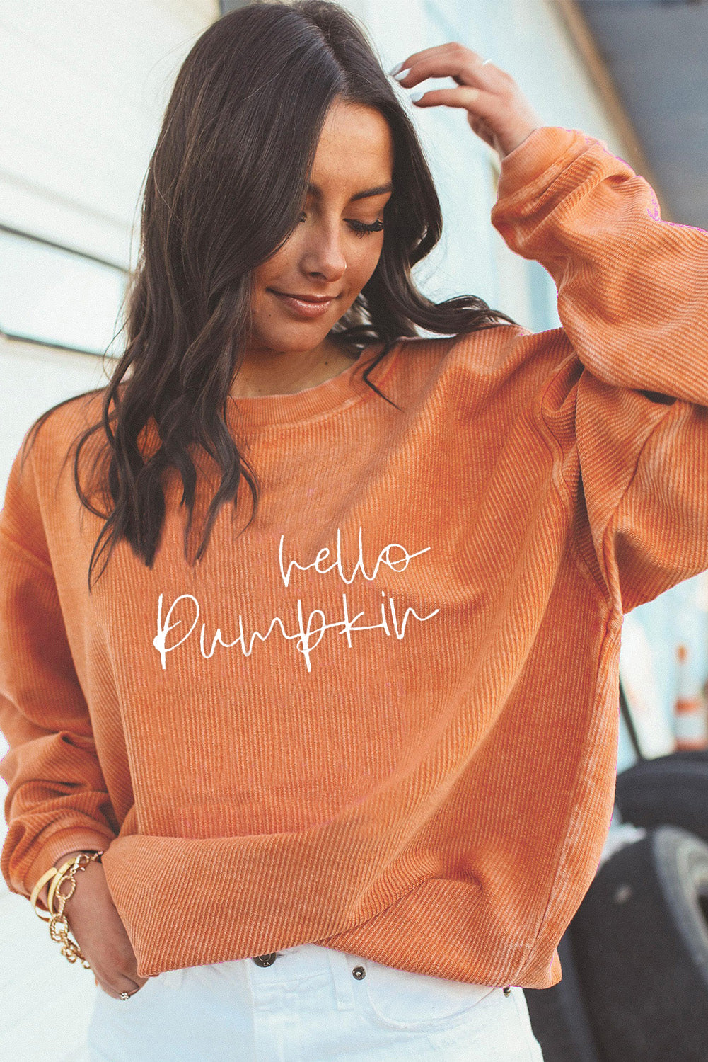 Orange hello pumpkin Letter Embroidered Ribbed Texture Baggy Sweatshirt
