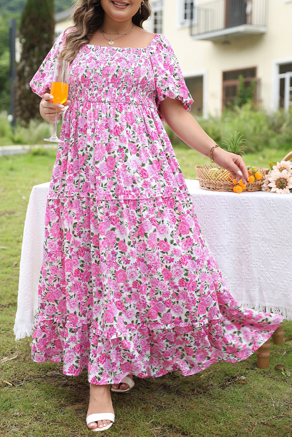 pink puff dress plus size Pink Plus Size Floral Print Smocked Puff Sleeve Maxi Dress