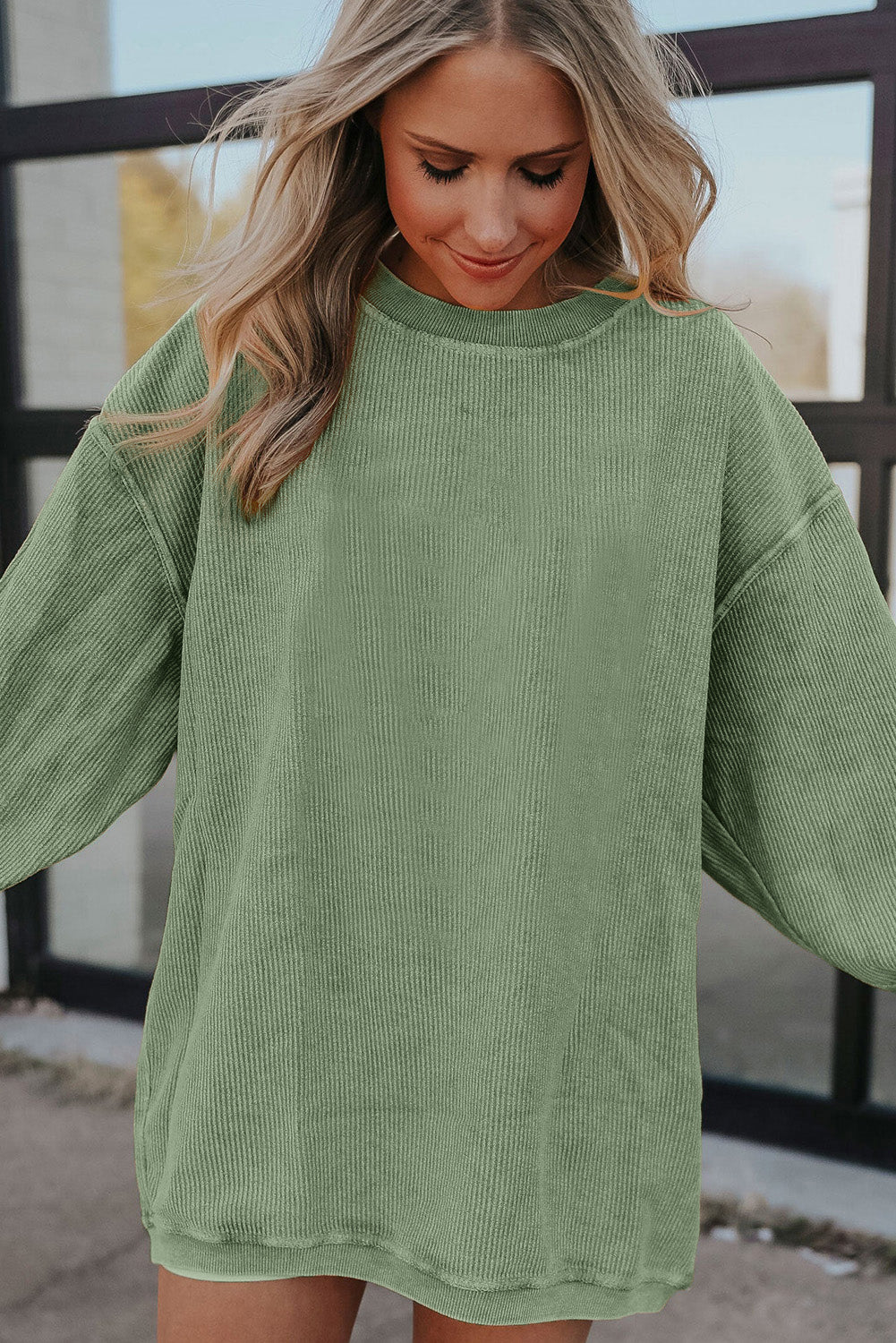 Light Pink Plain Drop Sleeve Crinkle Rib Oversized Sweatshirt