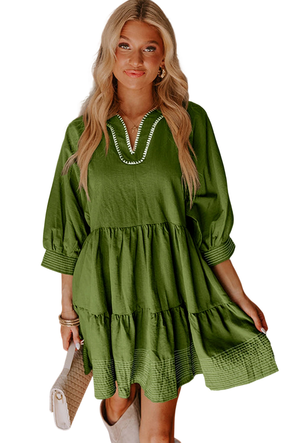 Black Contrast Stitched V Neck 3/4 Sleeve Swing Mini Dress
