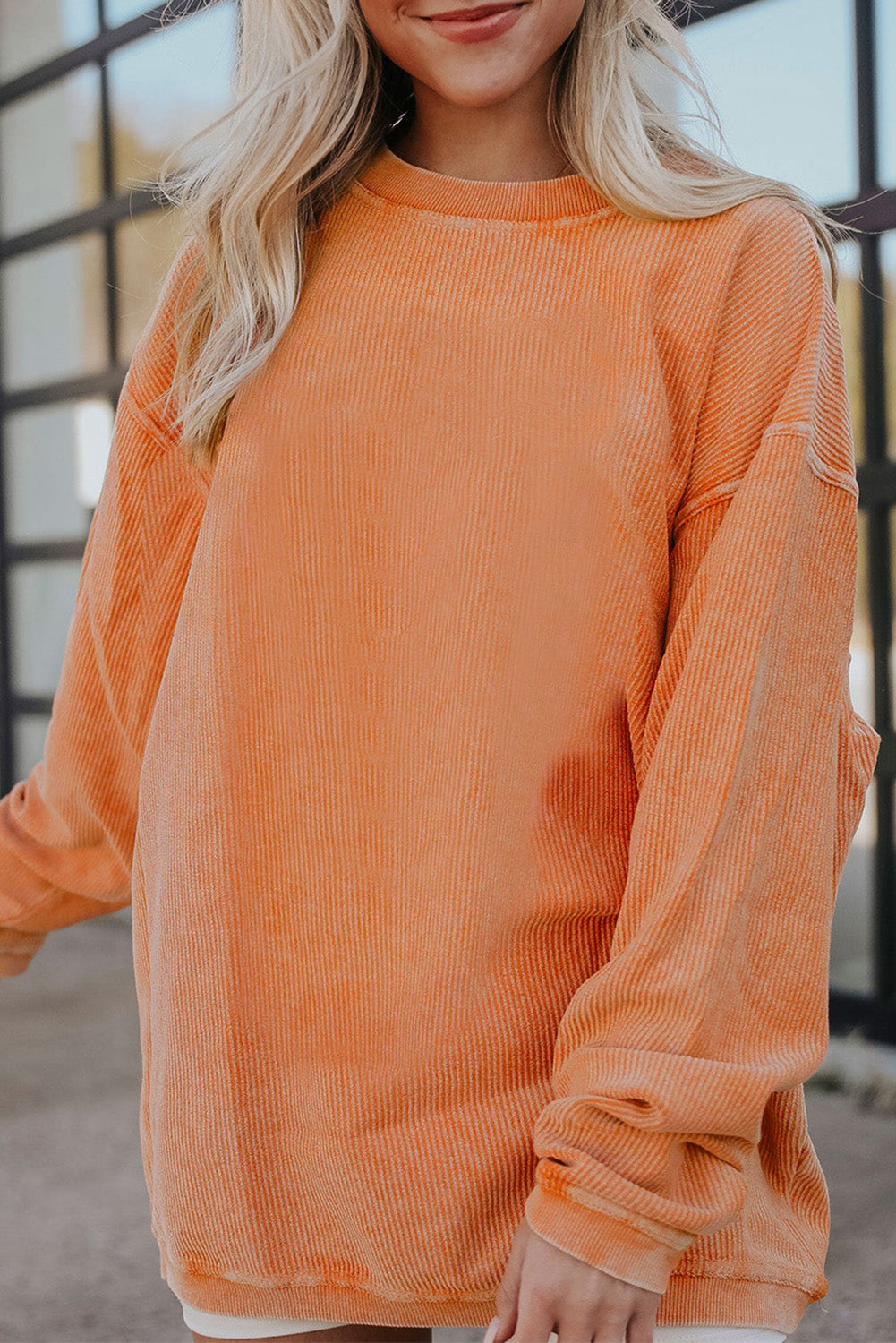 Light Pink Plain Drop Sleeve Crinkle Rib Oversized Sweatshirt