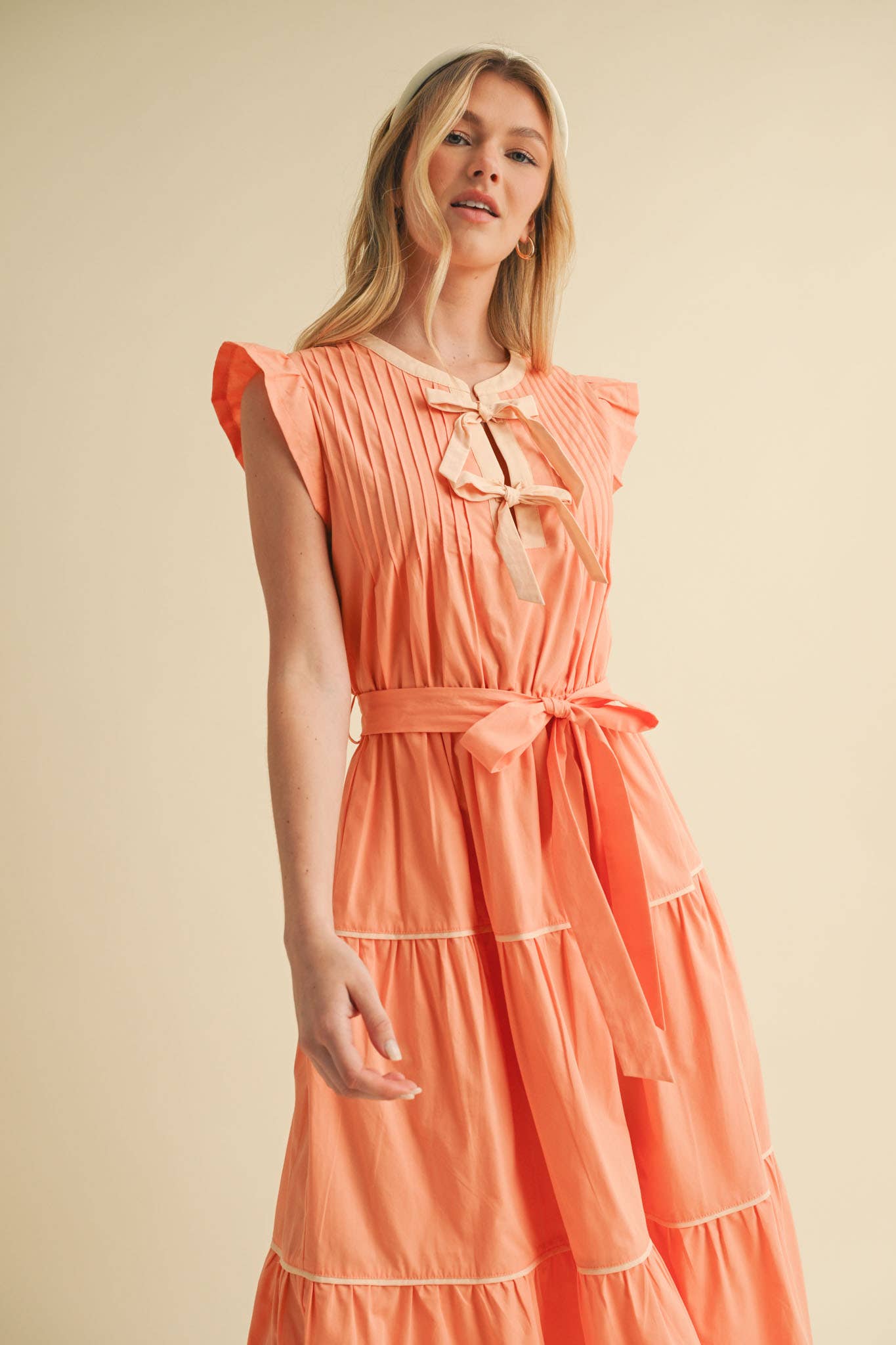 PIN TUCK AND BOW DETAIL TIERED MIDI DRESS