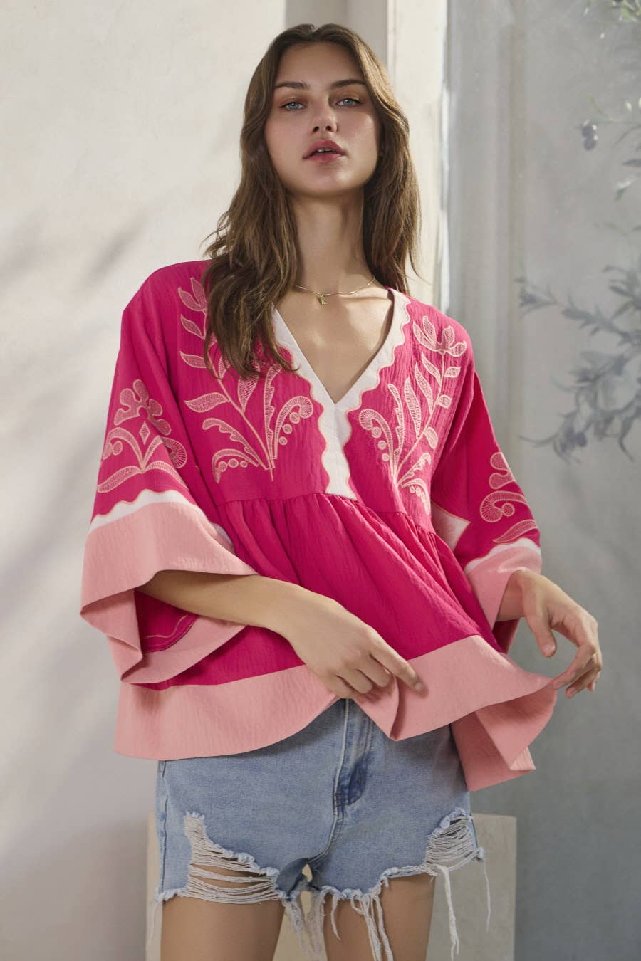 Plus Embroidered Plunge V Neck Top
