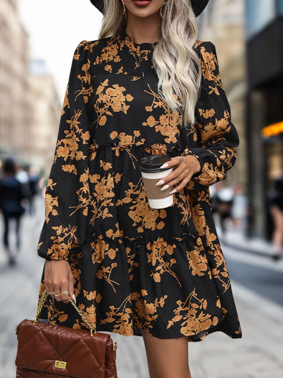 Frill Printed Long Sleeve Mini Dress Frill Printed Long Sleeve Mini Dress