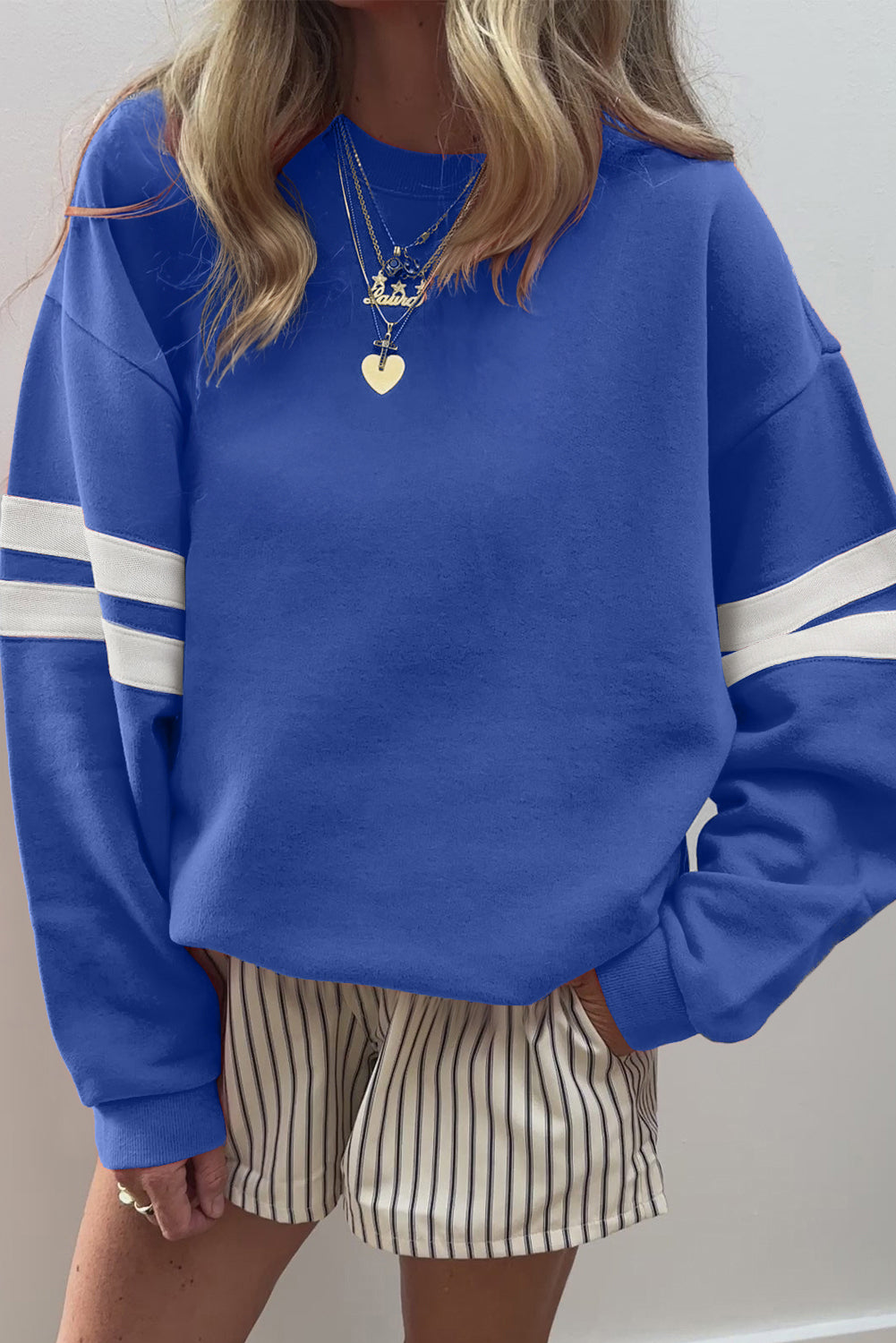 Light French Beige Preppy Striped Sleeve Loose Sweatshirt