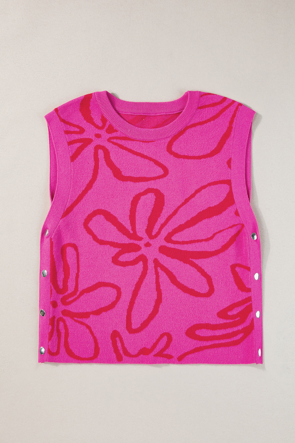 White Button Sides Sleeveless Floral Knitted Top