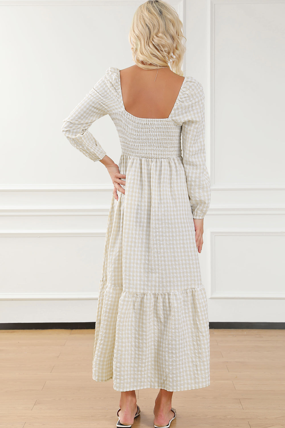 Khaki Plaid Ruffled Sleeve Smocked Maxi Dress