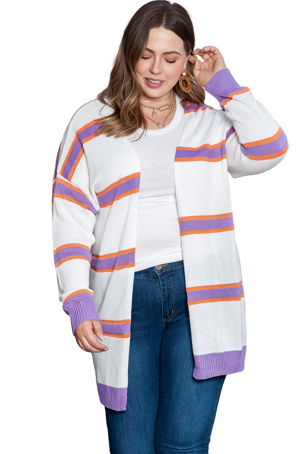 Beige Striped Long Sleeve Ribbed Trim Button Cardigan