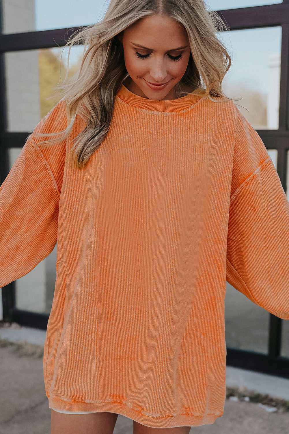Light Pink Plain Drop Sleeve Crinkle Rib Oversized Sweatshirt