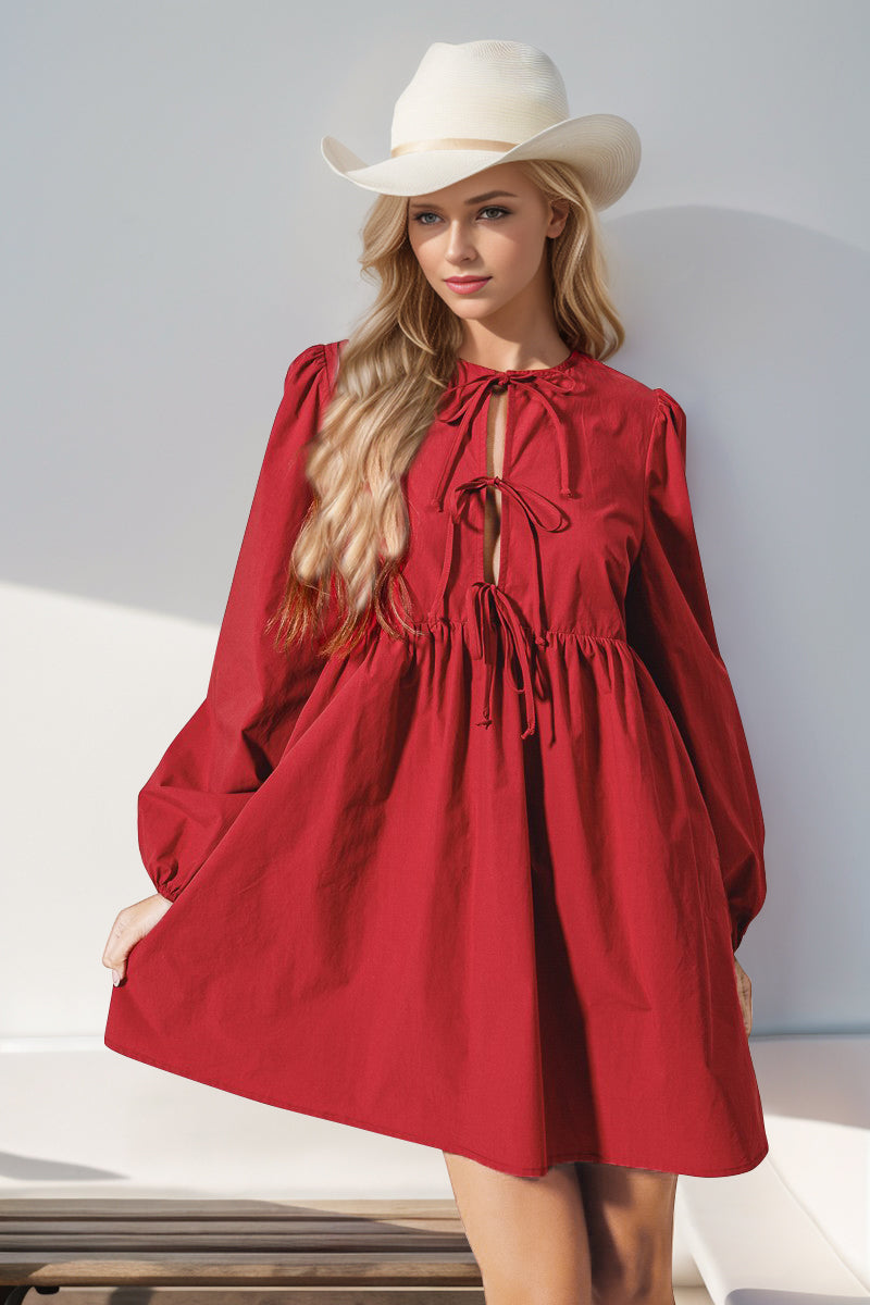 Double Take Christmas Front Tied Long Sleeve Mini Dress – Vogue To Vintage Boutique, LLC