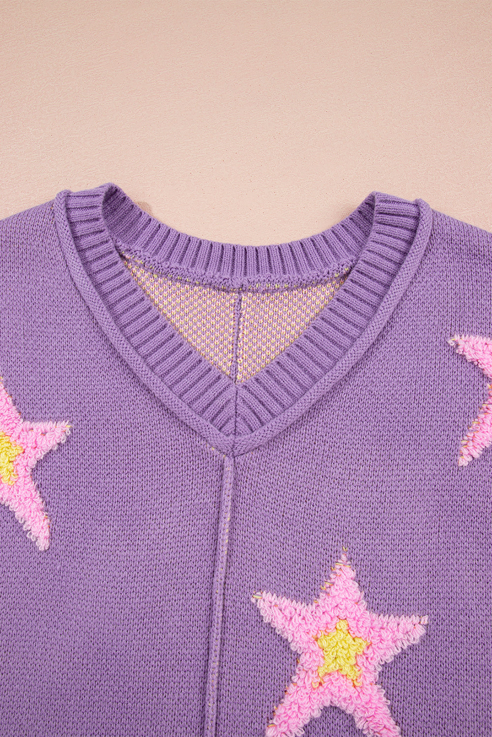 Lavender Brushed Star Graphic V Neck Drop Shoulder Oversize Sweater