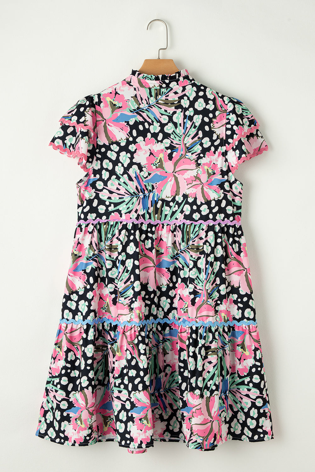 Pink Leopard Floral Print Wavy Embellished Mini Dress