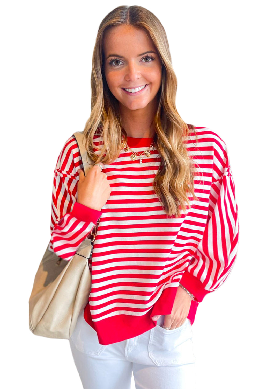 Red Striped Exposed Seam Drop Shoulder Long Sleeve Top