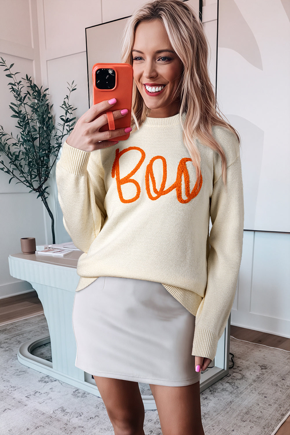 Orange Halloween Boo Drop Shoulder Knit Sweater