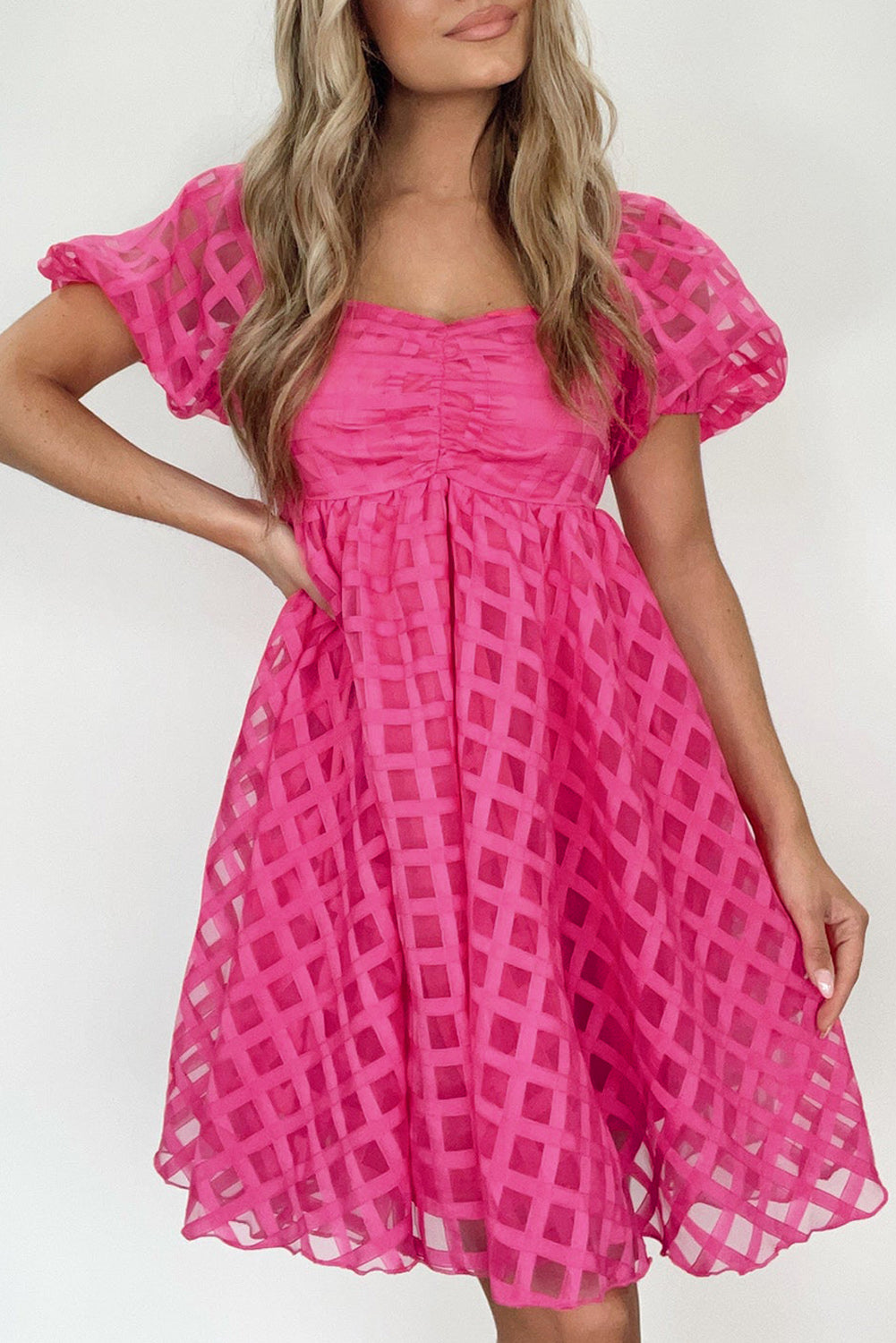 Strawberry Pink Checkered Puff Sleeve Babydoll Dress – Vogue To Vintage Boutique, LLC Strawberry Pink Checkered Puff Sleeve Babydoll Dress – Vogue To Vintage Boutique, LLC