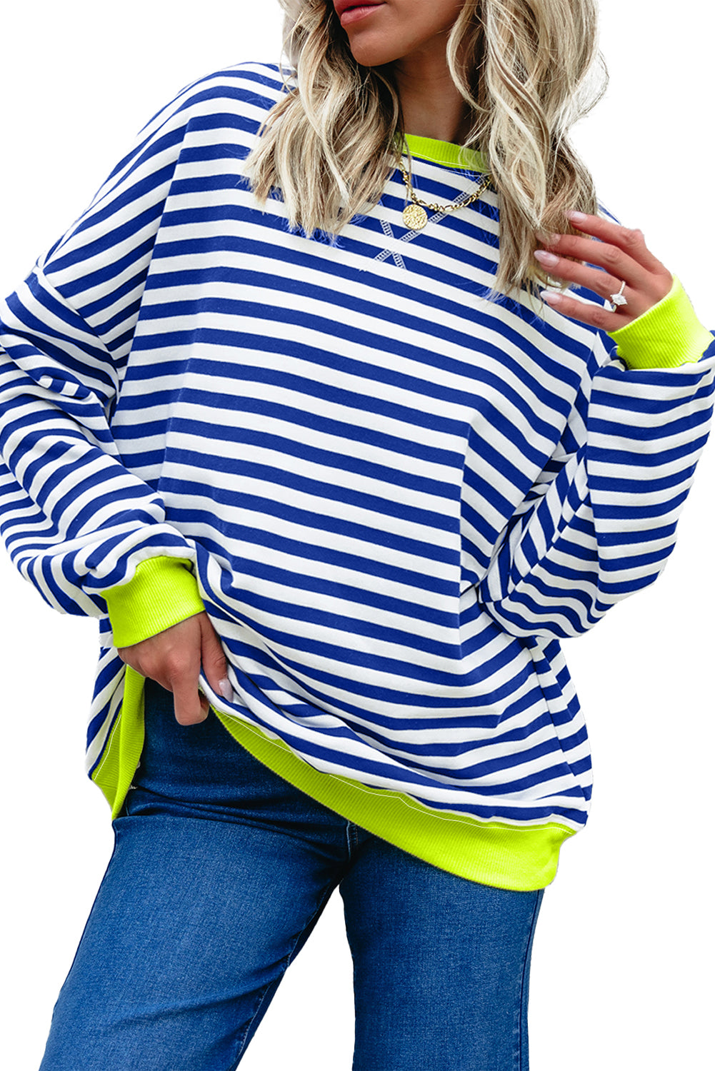 Blue Striped Contrast Trim Drop Shoulder Sweatshirt