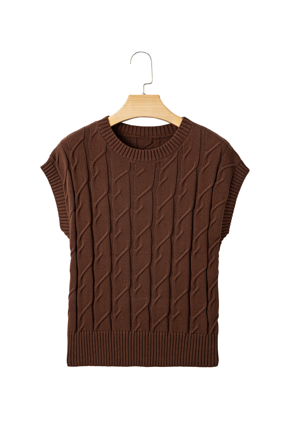 Dark Brown Cable Texture Crew Neck Short Sleeve Sweater Top