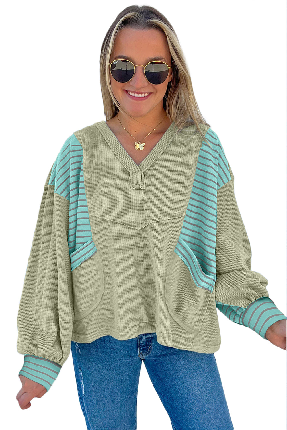 Dusk Blue Exposed Seam Waffle Striped Patchwork Baggy Pullover