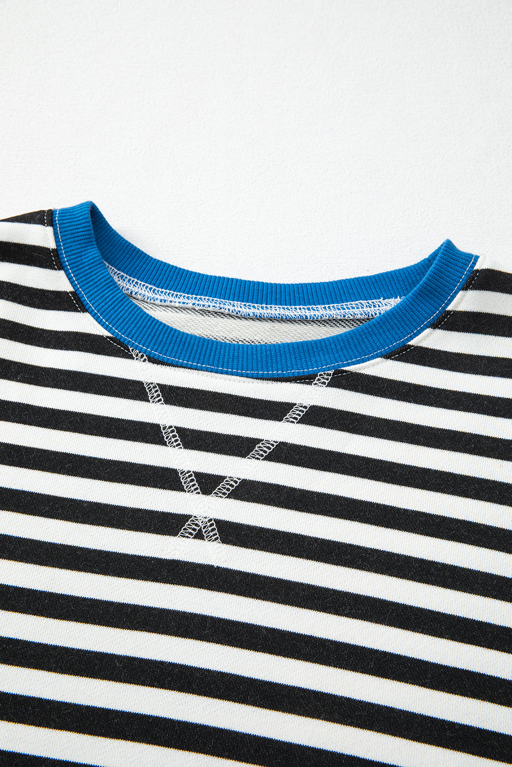Blue Striped Contrast Trim Drop Shoulder Sweatshirt
