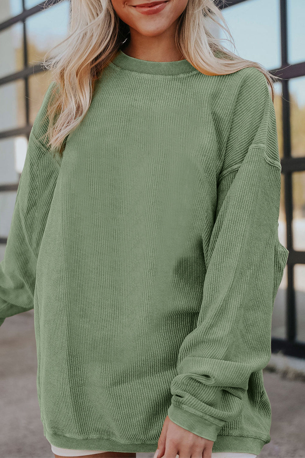 Light Pink Plain Drop Sleeve Crinkle Rib Oversized Sweatshirt
