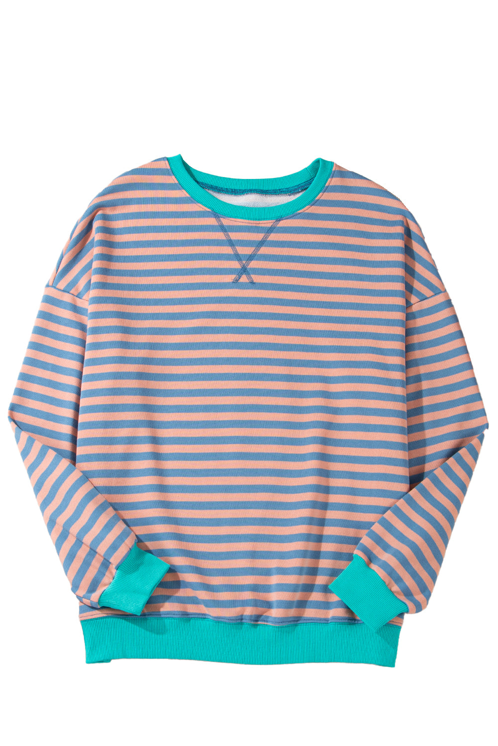 Blue Striped Contrast Trim Drop Shoulder Sweatshirt