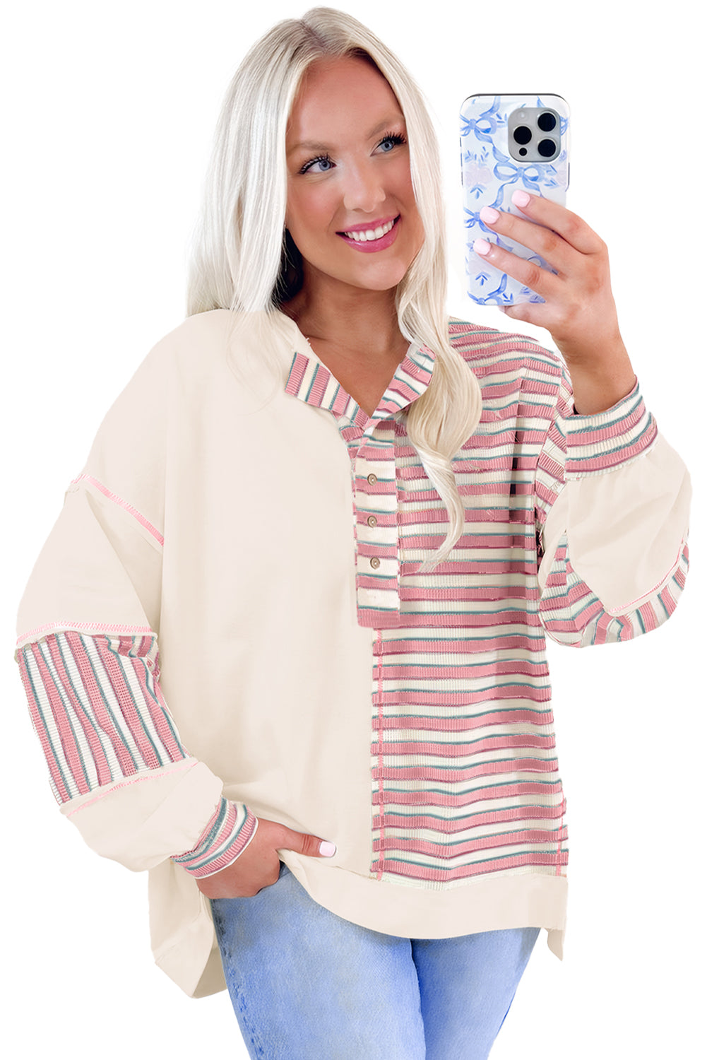 Khaki Striped Patchwork Oversized Pullover Top
