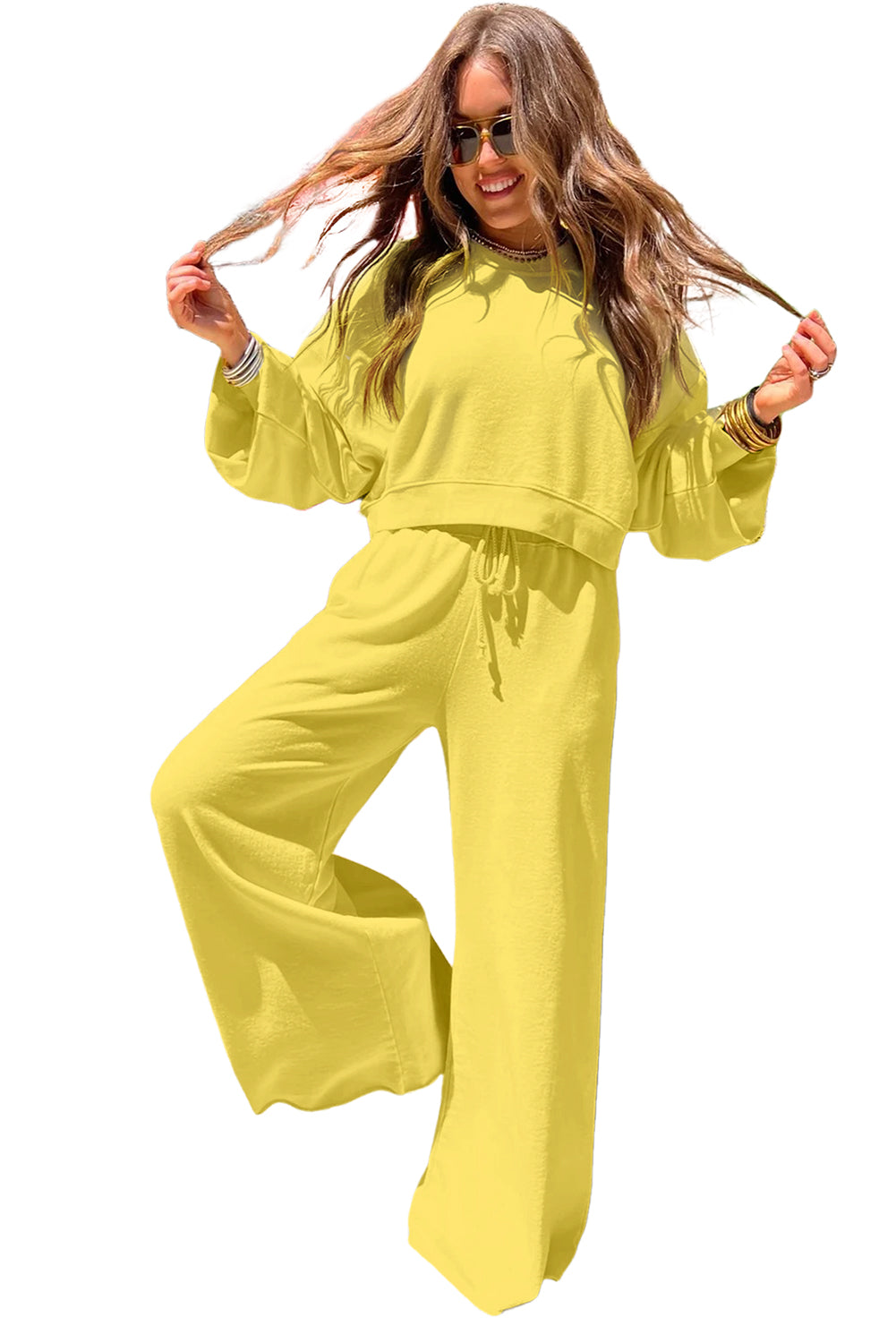 Mist Blue Drop Shoulder Crop Pullover Drawstring Wide Leg Pants Set
