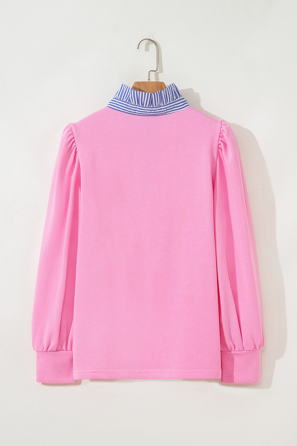 White Striped Ruffle Button Neck Pullover Sweatshirt