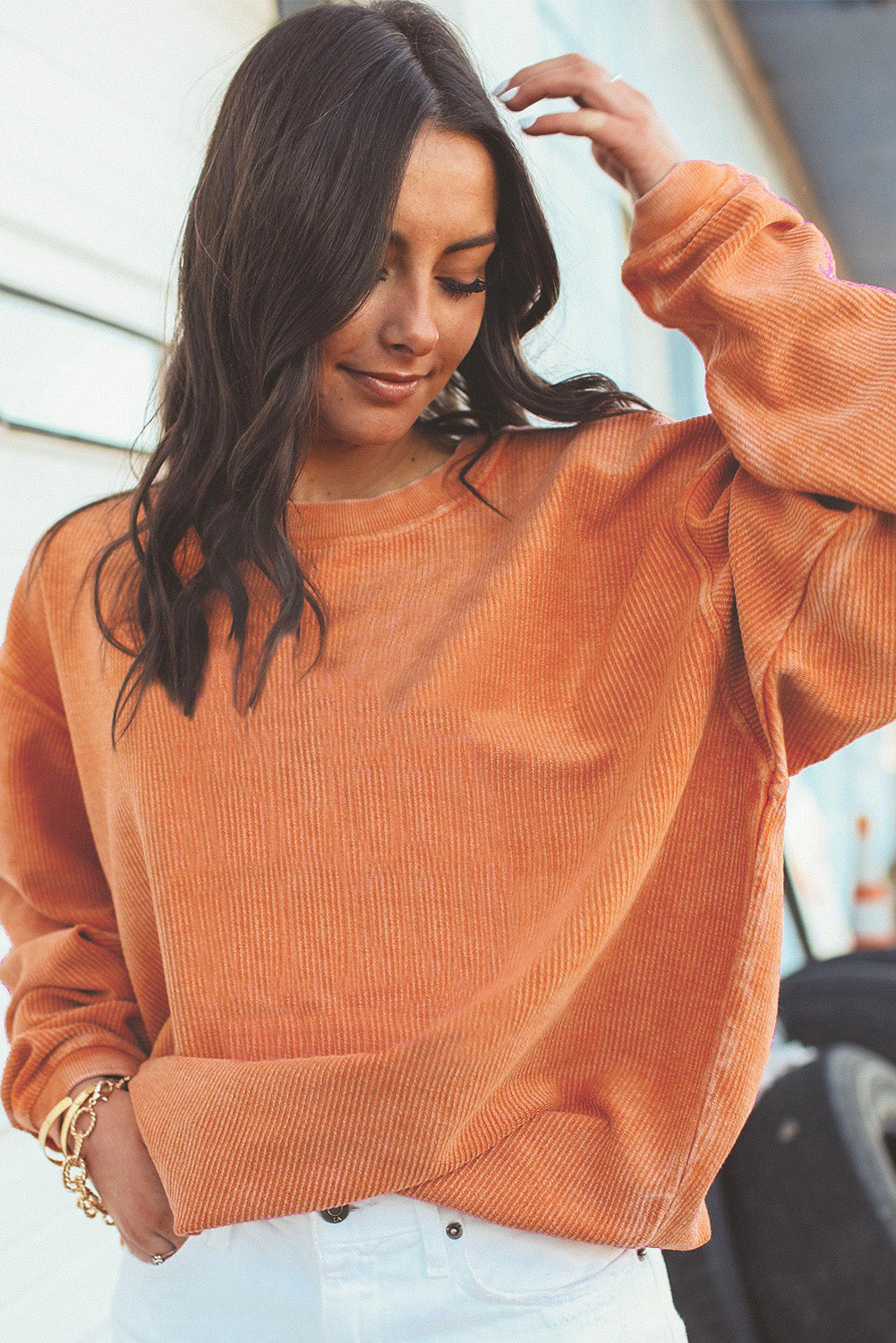 Light Pink Plain Drop Sleeve Crinkle Rib Oversized Sweatshirt