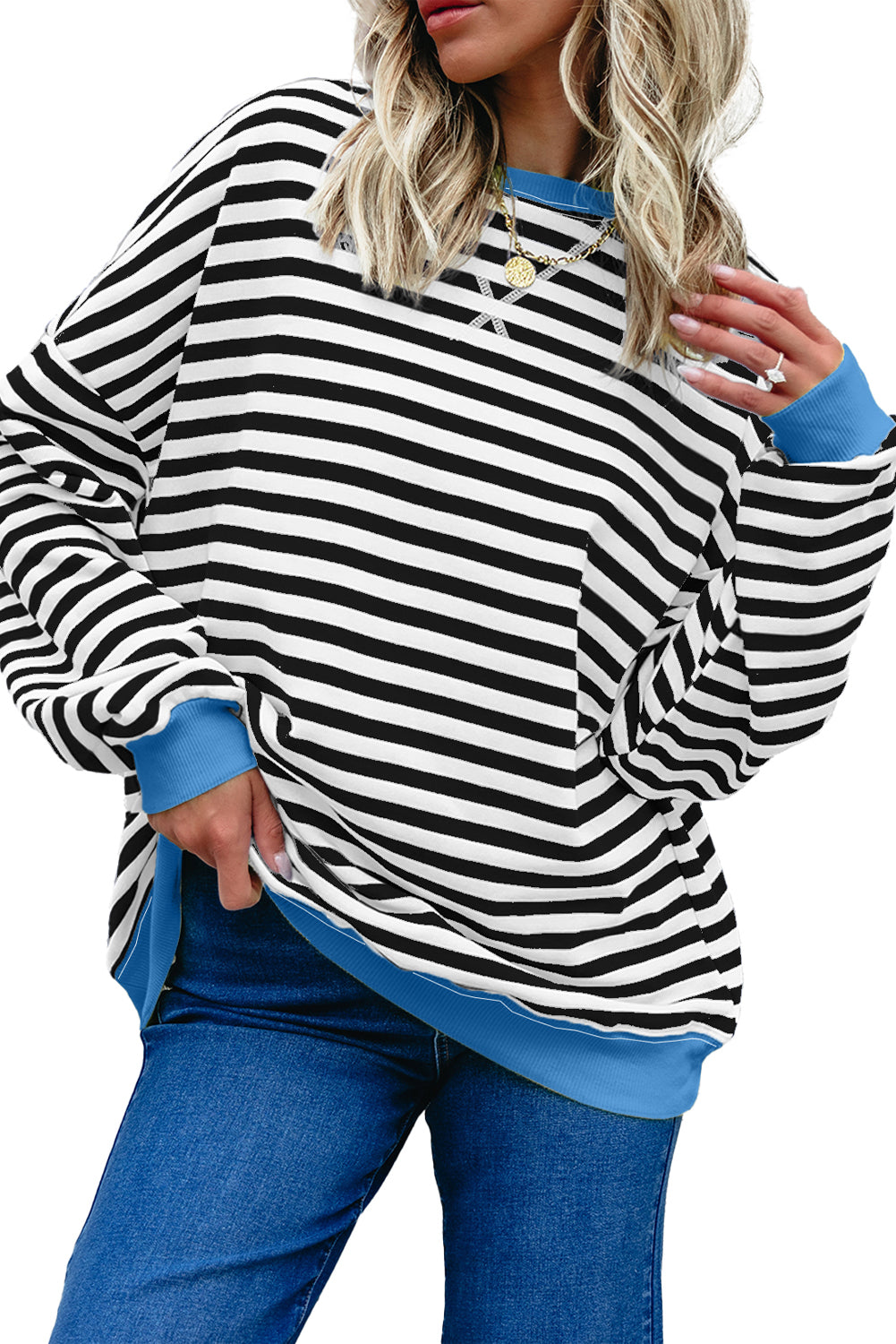 Blue Striped Contrast Trim Drop Shoulder Sweatshirt