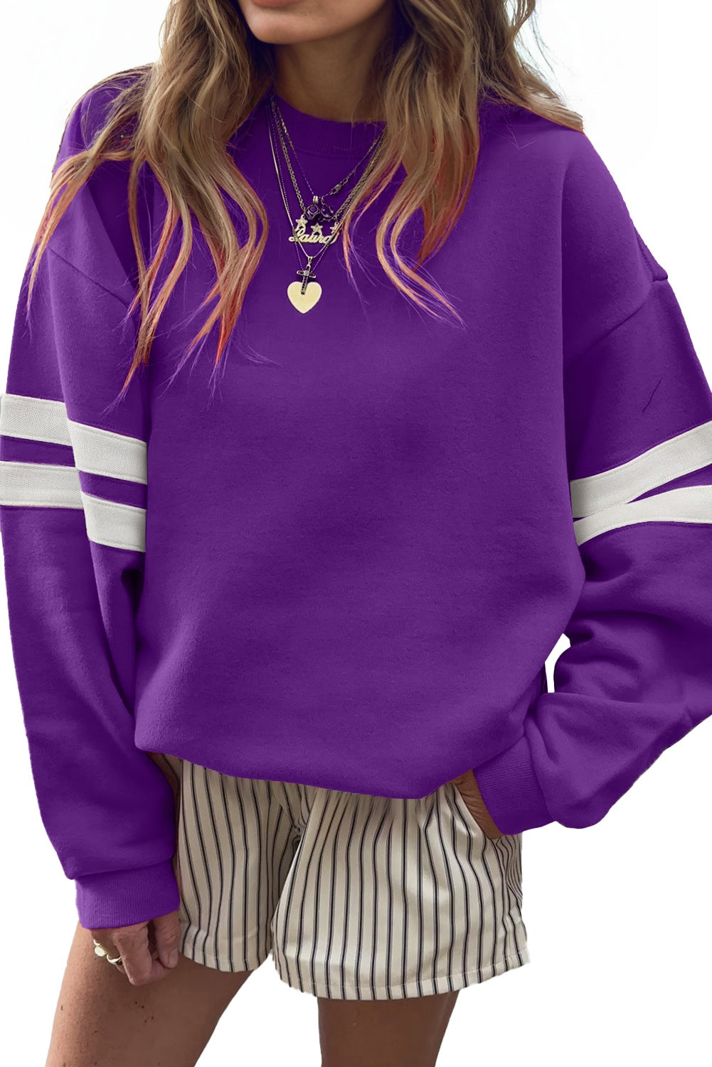 Light French Beige Preppy Striped Sleeve Loose Sweatshirt