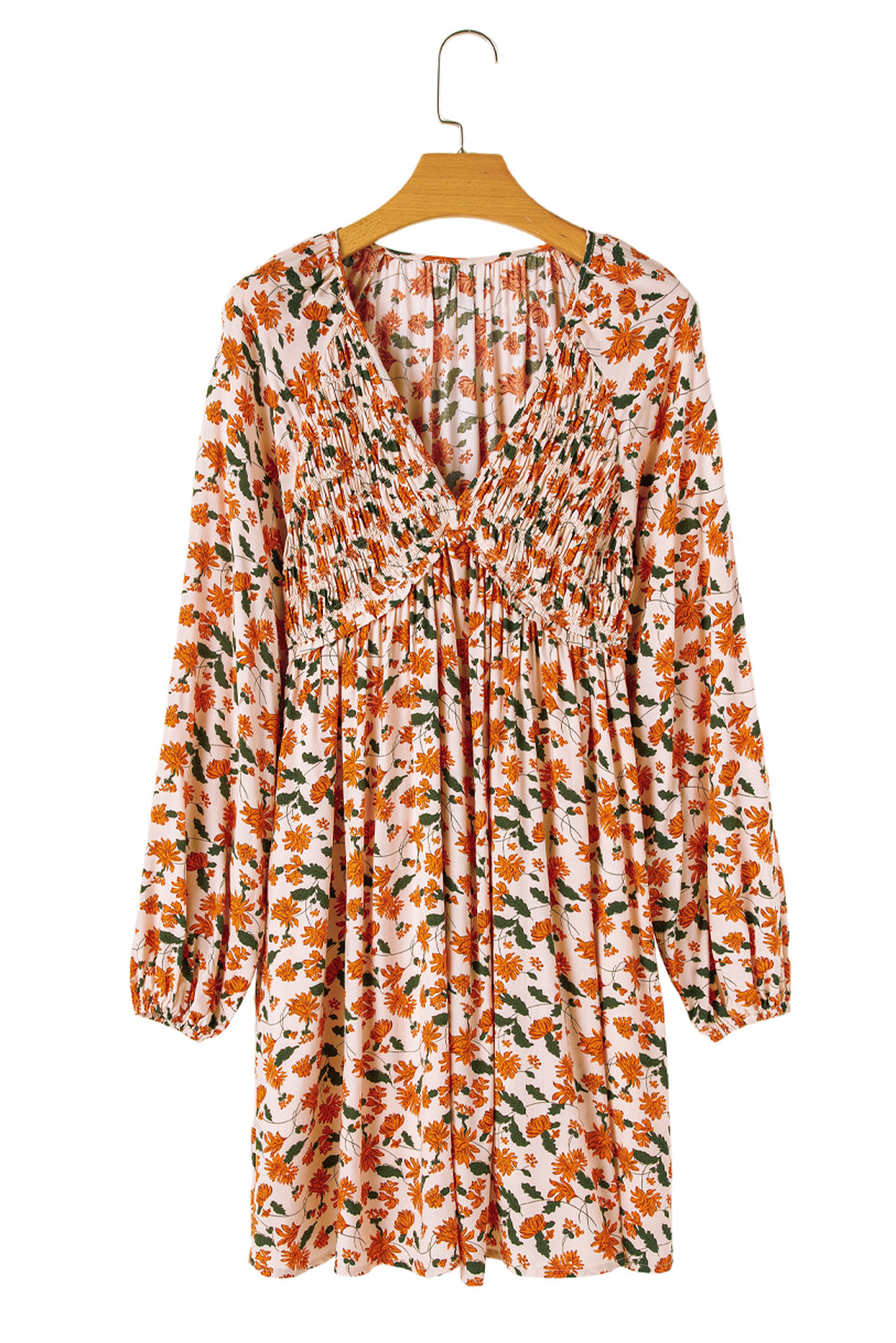 Black Floral Smocked V Neck Bubble Sleeve Babydoll Dress
